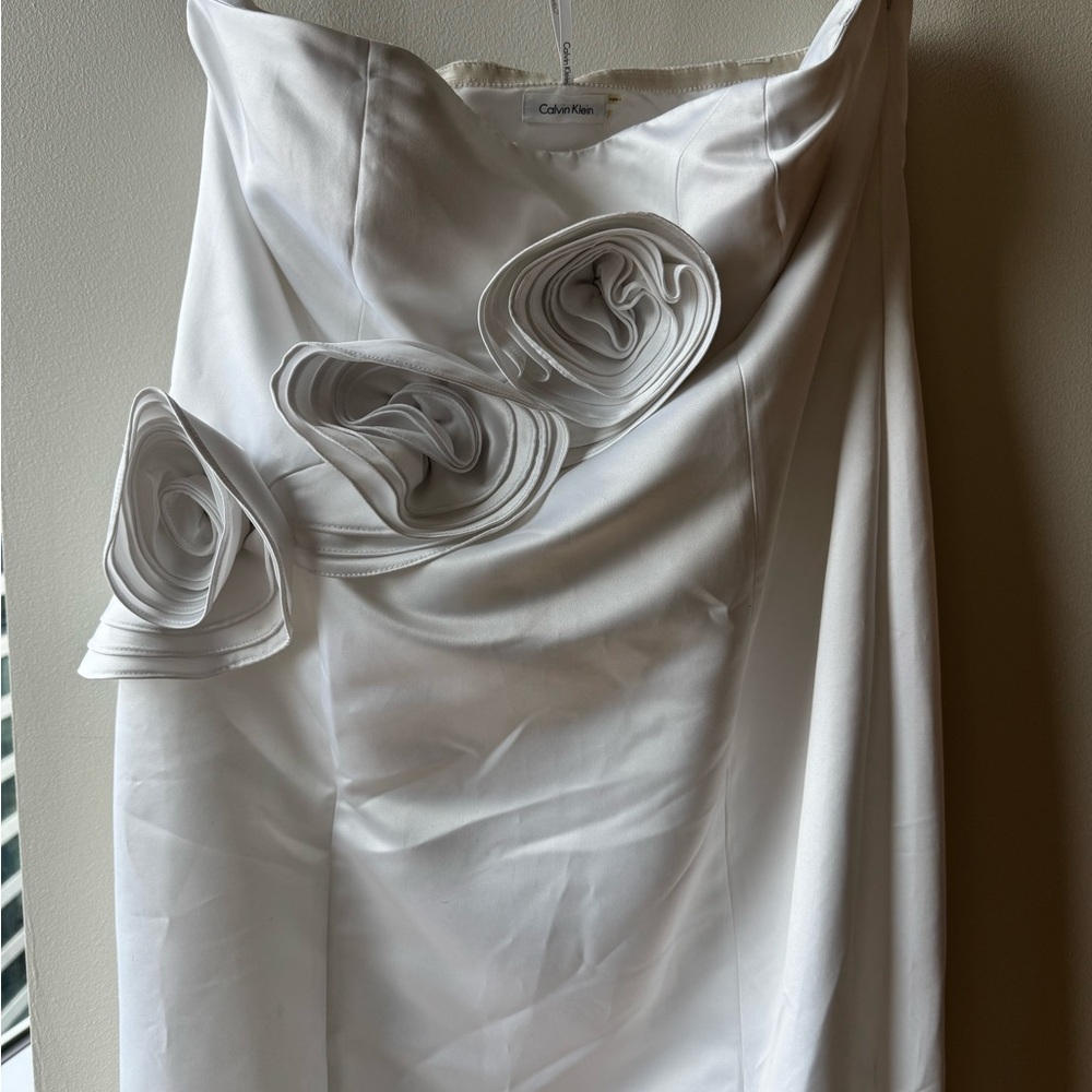 Calvin Klein White Strapless Dress with Rosette Detail